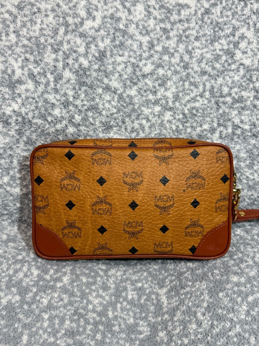MCM Cognac and Navy Visetos Logo Zip Wristlet with Gold Hardware - Picture 7 of 9